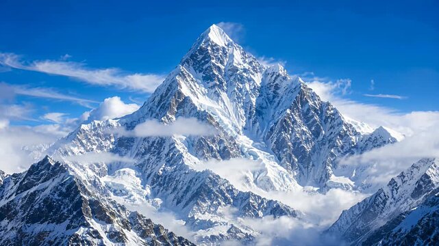 mountain peak snow, alpine landscape under blue sky, dramatic summit