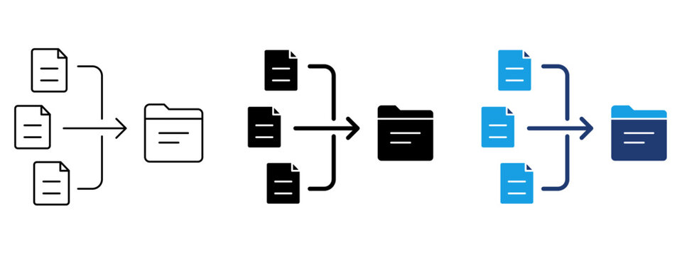 Multiple files organizing into folder icon set. Symbol of data consolidation, document management, file archiving, directory storage, content organization, and database backup.