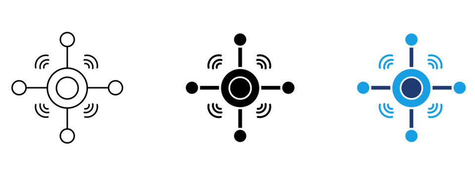 Central hub wireless network connection icon set. Symbol of IoT technology, data broadcasting, signal distribution, transmitter, central router, connectivity, and communication node.