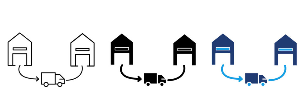 Warehouse to warehouse truck transfer icon set. Symbol of supply chain logistics, inventory distribution, B2B shipping, cargo transport, freight transit, storage, and fulfillment service.