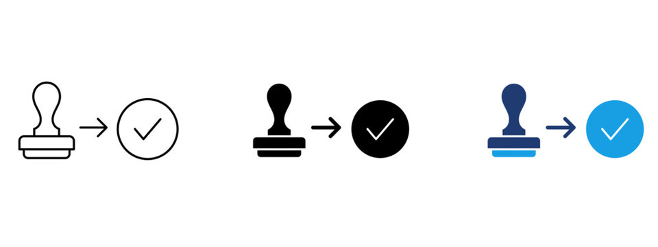 Approval stamp and check mark icon set. Symbol of verified quality, official permit, acceptance, license, certified document, agreement, compliance, quality control and guaranteed status.