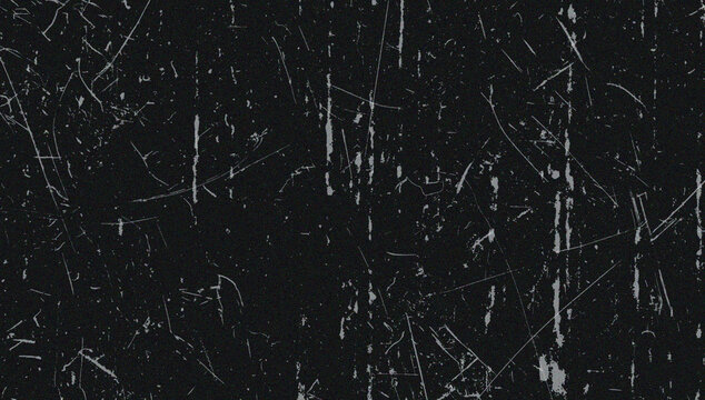 Black grunge film scratch texture presents a distressed chaotic pattern with irregular linear markings abrasion blemish