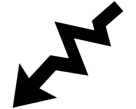 Black zigzag arrow symbol pointing downwards with direction navigation silhouette isolated background abstract interface business decrease negative movement wayfinding minimalist geometry