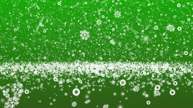 White falling snowflakes on green screen background for chroma key compositing, snow flakes falling with bokeh effect and winter glitter shine layer on transparent background, 4k seamless loop