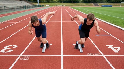 Fototapeta premium Two teenage athletes sprinting out of starting blocks on a running track. Young male runners competing in a 100m race