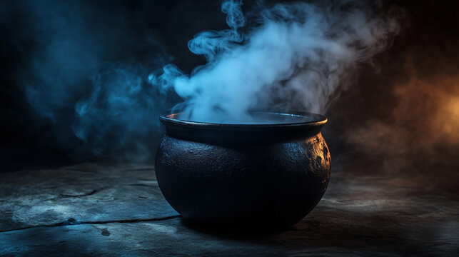 Close-up of black cast iron witch cauldron with pale smoke spilling over the rim, spooky Halloween magic potion scene
