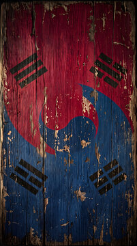 Retro korean flag on weathered wood, vintage south korea flag on antique board, distressed national emblem for design, red and blue print on old timber background