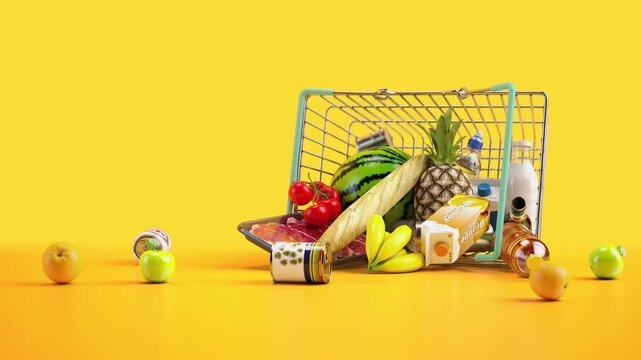 Overturned shopping basket full of variety of grocery products, food and drink ion yellow background.