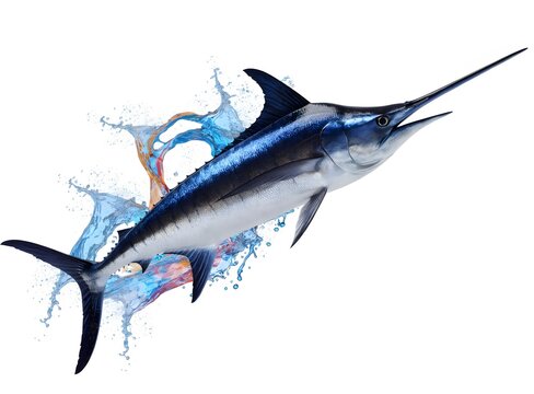 Swordfish leaping out of splashing ocean water. Deep sea fishing and marine wildlife adventure. Large marlin fish leaping wildly with water splashes isolated on white background