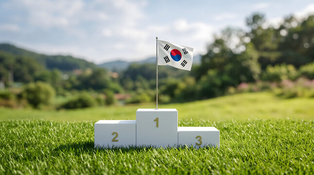 Winner podium with South Korean flag on first place. Golf course grass background concept. Success symbol. White numbers 1 2 3. Competition texture image