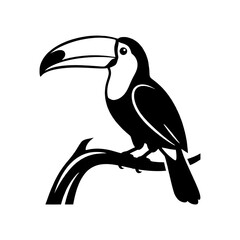 Fototapeta premium Black Toucan Silhouette Perched on Tree Branch - Tropical Bird Vector Outline, Exotic Rainforest Fauna Icon, and Graphic Design Element