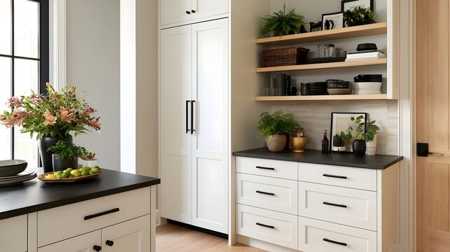 Modern kitchen corner featuring white cabinetry  open shelving  potted plants  and a vase of fresh flowers near a window