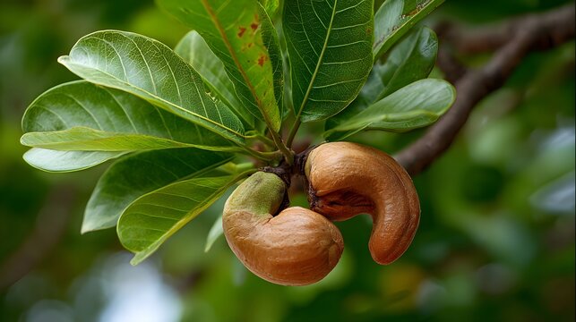 Fresh raw cashew nuts hanging on a green tree branch outdoors. Perfect for agriculture and organic food concepts.