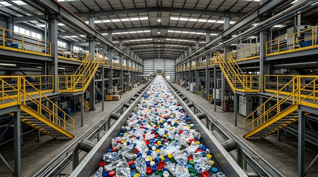 Large scale industrial recycling facility with conveyor belt sorting plastic waste.
