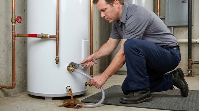 Plumber draining a white water heater tank in a utility room. Handyman using a wrench and hose to flush rusty water. Home maintenance and plumbing repair concept