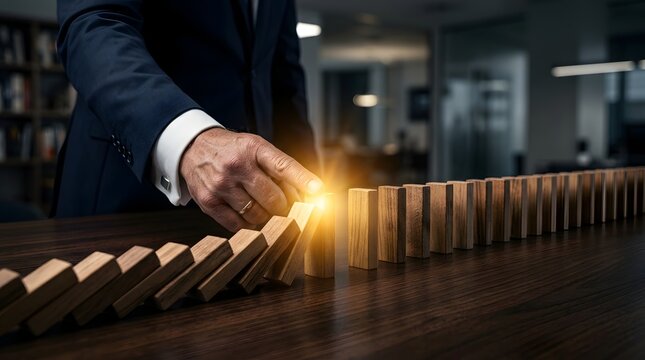 Business Risk Management Concept with Executive Hand Stopping a Domino Effect to Prevent Crisis and Minimize Potential Losses