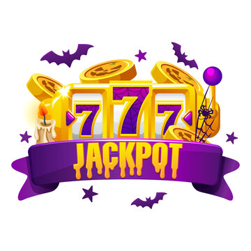  Halloween Jackpot 777 Game Badge with Coins and Bats on transparent background