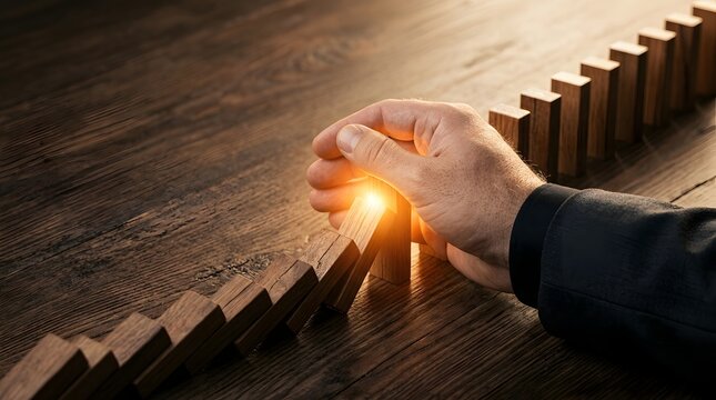 Leadership and Risk Control Concept with a Business Executive Preventing a Domino Chain Reaction and Protecting Organizational Stability