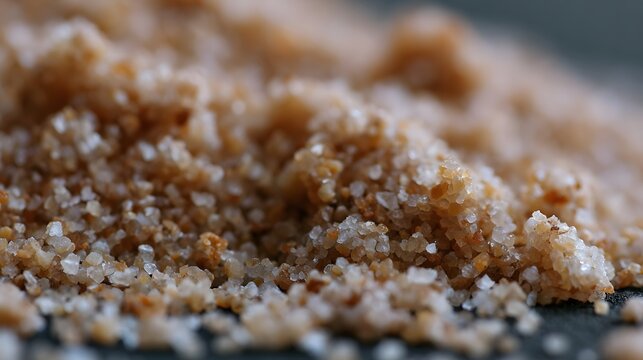 A ro view of granular sugar crystals with warm tones and soft focus on a dark surface  highlighting texture and natural light