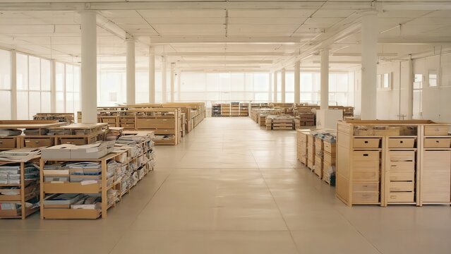 Spacious warehouse interior with wooden crates