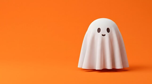 A cute little white ghost toy isolated on a vibrant orange background for a fun halloween celebration
