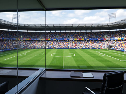 Modern luxury stadium executive suite view of football field with empty chairs and office desk setup.