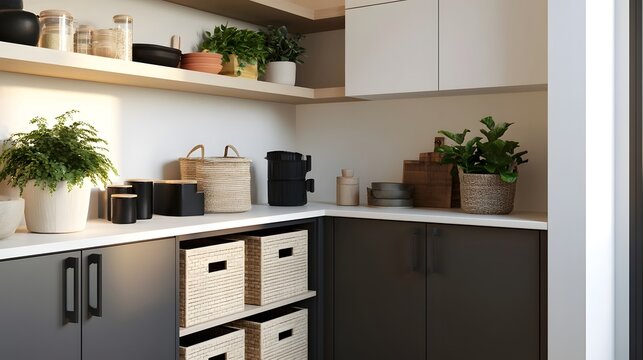 Modern kitchen corner with open shelving  potted plants  woven baskets  and dark cabinets under warm ambient lighting