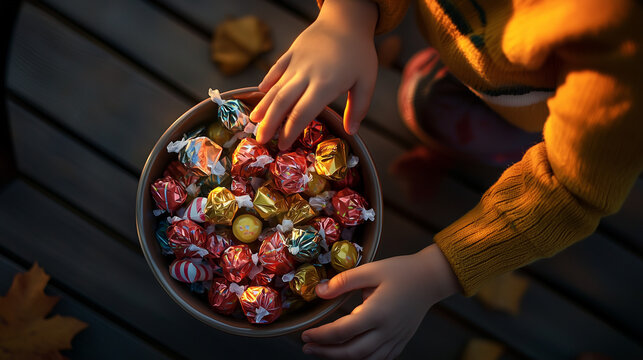 Overhead view of a child's hands reaching into a bowl of colorful wrapped candy, joyful Halloween trick or treat moment