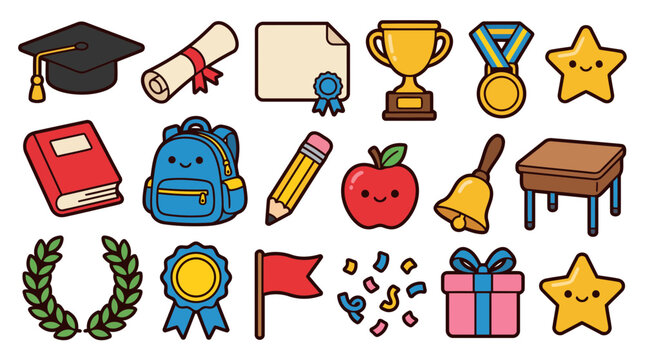Kawaii Graduation School Achievement Trophy and Diploma Sticker Bundle