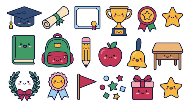 Kawaii Graduation School Achievement Trophy and Diploma Sticker Bundle