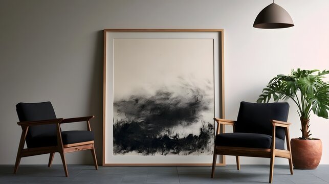 Two wooden chairs flank a large framed abstract artwork beside a potted plant under a pendant light