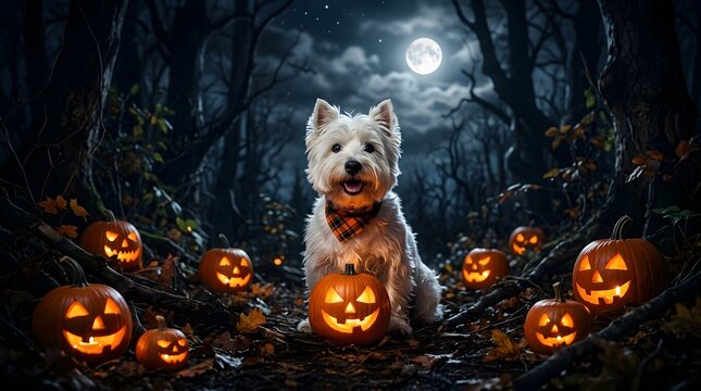 A cute west highland terrier dog sits surrounded by glowing carved pumpkins in a spooky halloween forest