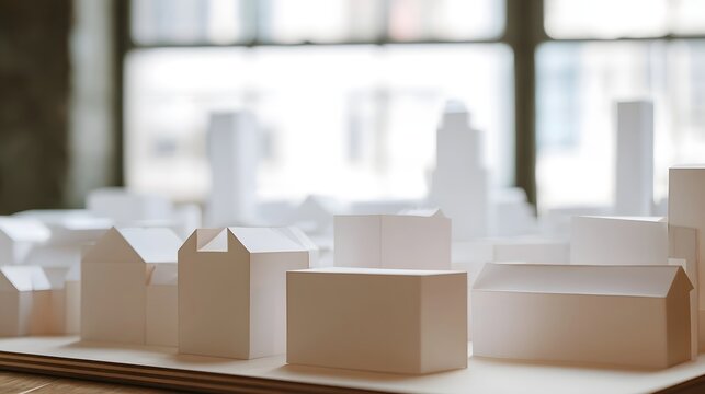 White paper architectural models of buildings arranged on a wooden surface with soft natural light from behind