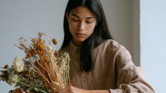 A person with long dark hair is carefully arranging a bouquet of dried flowers indoors under soft natural light