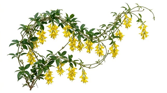 Yellow laburnum flowers on green vine, golden chain tree blossoms isolated on white, spring floral branch for garden design