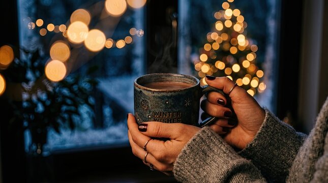 A person holding a warm mug of coffe while sitting by a festive window with glowing holiday lights