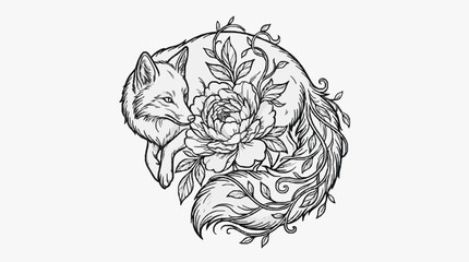 Fototapeta premium Fox and Peony Flower Vector Tattoo Design Line Art
