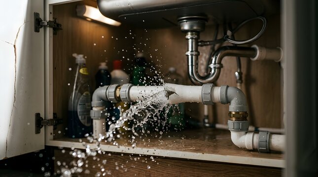 Water leaking from broken pipe under kitchen sink cabinet.