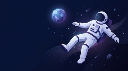 Naklejka premium Astronaut floating gracefully in the vast, star-filled cosmos near a glowing planet, symbolizing cosmic exploration and the wonder of space travel