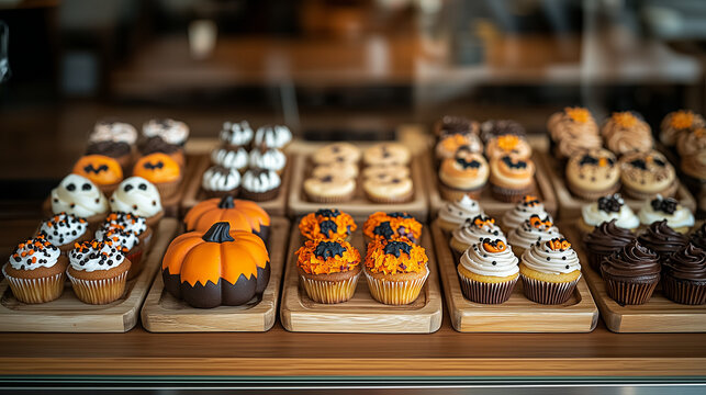 Bakery display case filled with assorted Halloween pastries and decorated cupcakes, festive pastry shop counter in warm light
