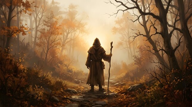 A solitary figure stands amidst an autumn forest evoking a sense of mystery and the spirit of halloween night