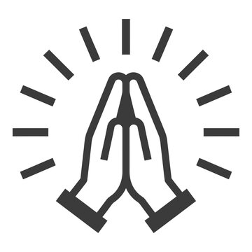 Praying hands icon with light rays symbolizing faith and hope