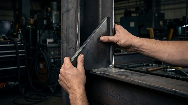 Metalworker aligning a steel gusset plate into a corner joint for fabrication.