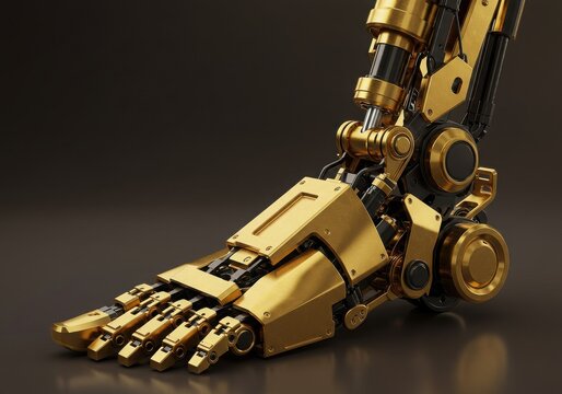 Golden robotic foot with intricate mechanical details