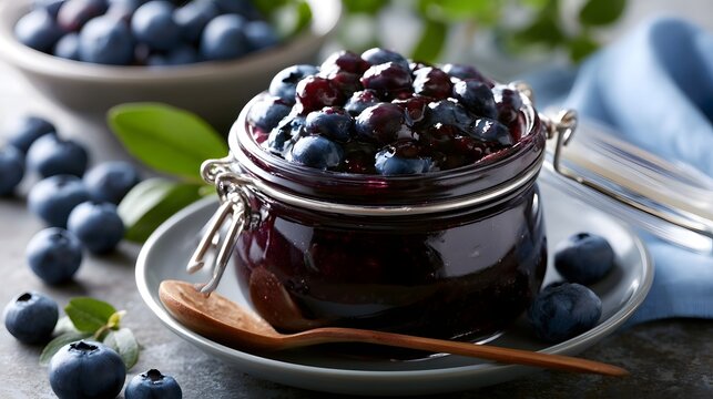 A jar of homemade blueberry jam topped with fresh berries sits on a plate beside a wooden spoon and scattered fruit