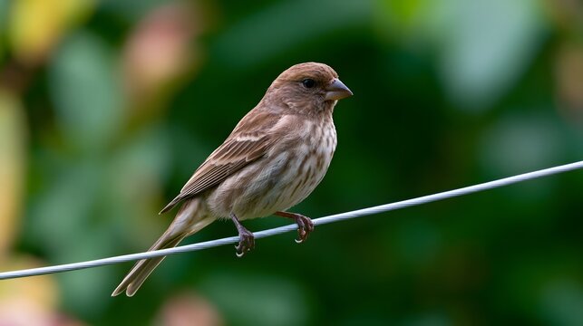 A small brown bird perched on a thin wire against a soft green background with natural lighting