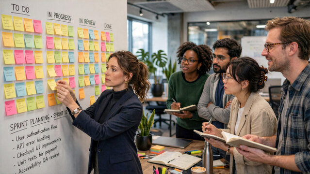 Female project manager organizing sticky notes on wall during sprint planning session with tech team photo