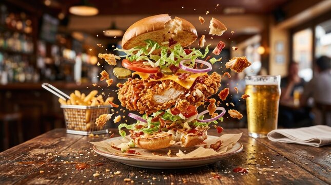 exploding crispy chicken burger with flying ingredients on wooden table