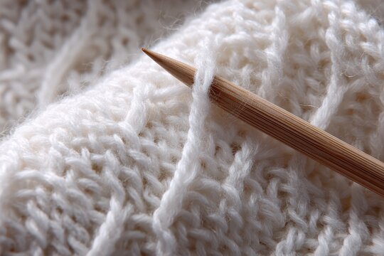 Close-up of white knitted fabric with a wooden knitting needle creating a cable stitch pattern during soft natural light