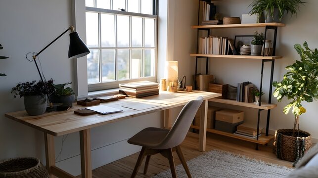 A minimalist wooden desk sits under a bright window  surrounded by plants and shelves filled with books and decor